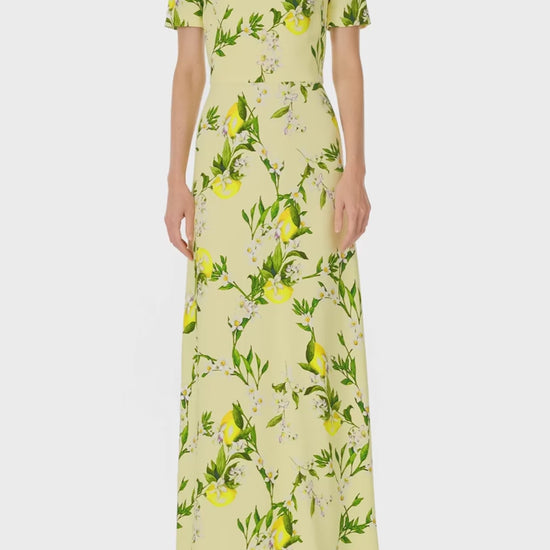 Monique Lhuillier Spring 2025 Short sleeve, floor length gown with jewel neckline in Lemon printed Crepe fabric - video.