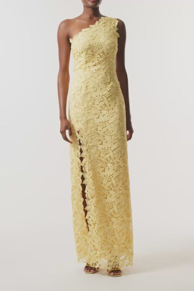 Monique Lhuillier Fall 2026 Citrine guipure lace one shoulder gown - video.