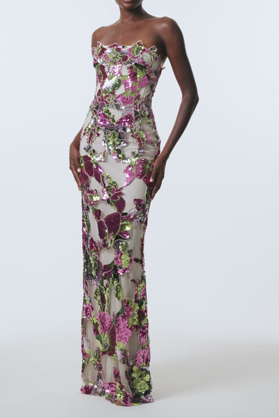 Monique Lhuillier Spring 2026 Carnation/Multi Tulip Sequin Embroidered Tulle strapless column gown - video.