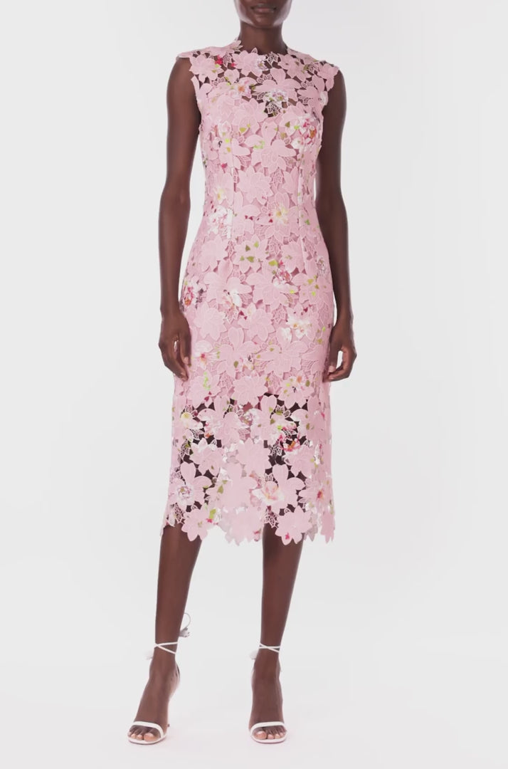 Monique Lhuillier sleeveless, midi length dress in peony pink floral printed lace.