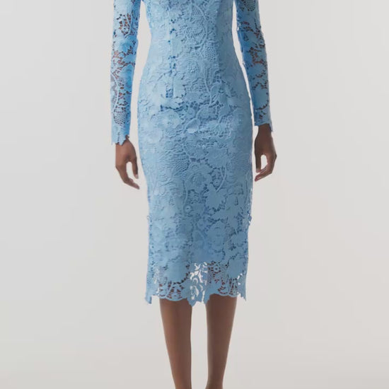 Monique Lhuillier Fall 2023 Bluebelle Lace Long Sleeve Midi Dress -video.