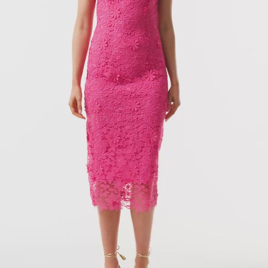 Sleeveless, sheath dress in hibiscus colored, three dimensional lace - video.