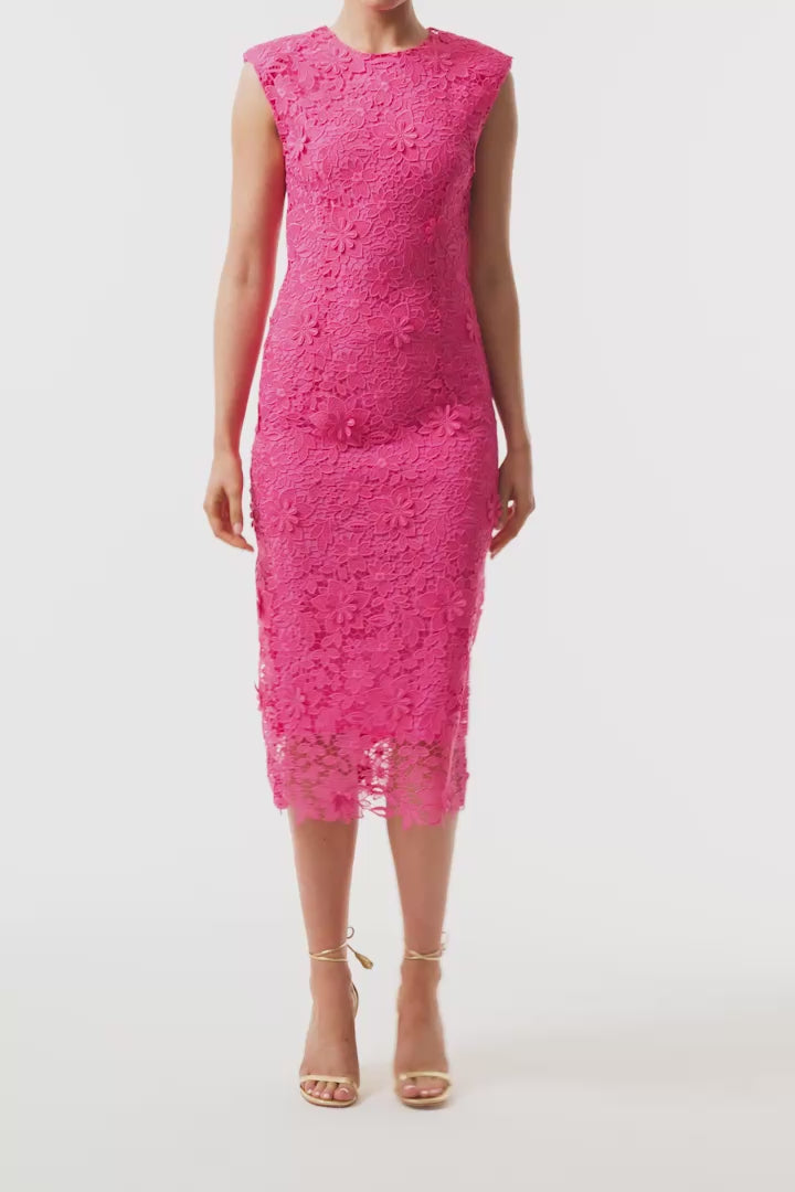 Sleeveless, sheath dress in hibiscus colored, three dimensional lace - video.