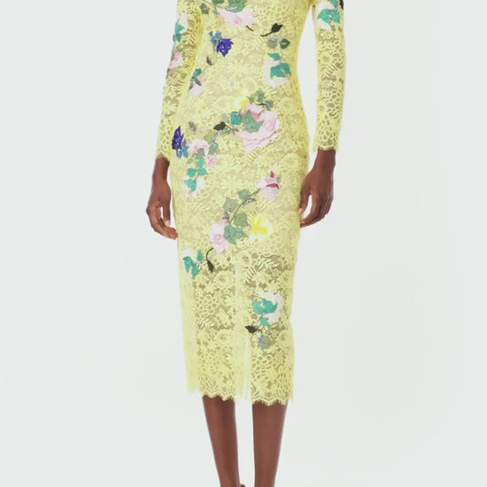 Monique Lhuillier Spring 2024 long sleeve yellow lace midi dress with floral embroidery - video.