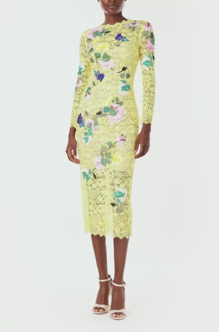 Monique Lhuillier Spring 2024 long sleeve yellow lace midi dress with floral embroidery - video.