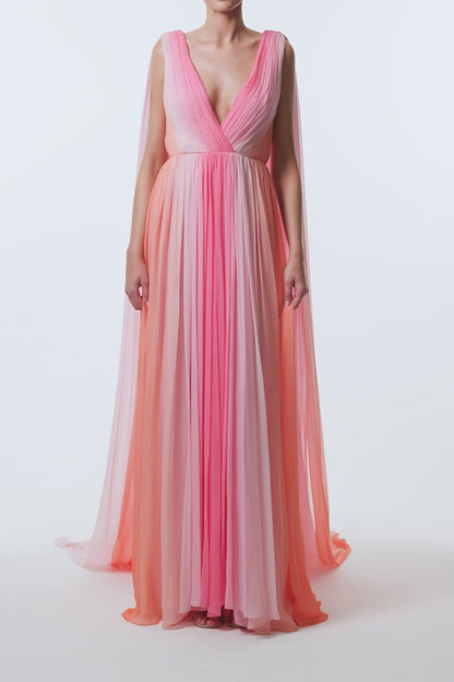 Monique Lhuillier Spring 2026 Plumeria ombre chiffon pleated v-neck gown with streamers - video.