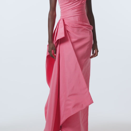 Monique Lhuillier Spring 2026 Plumeria Faille Asymmetric draped column gown - video.