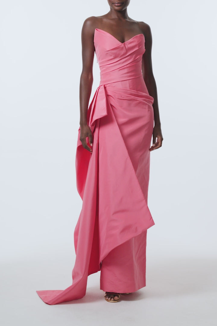 Monique Lhuillier Spring 2026 Plumeria Faille Asymmetric draped column gown - video.