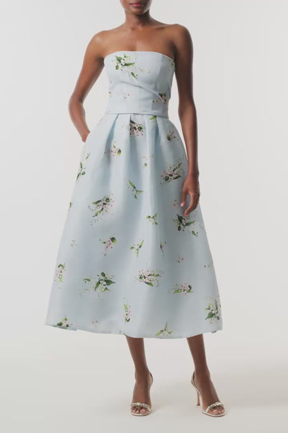 Monique Lhuillier Fall 2026 Breeze Multi Floating Posies Printed Gazar Strapless tea length dress - video.