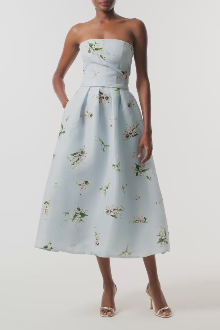 Monique Lhuillier Fall 2026 Breeze Multi Floating Posies Printed Gazar Strapless tea length dress - video.