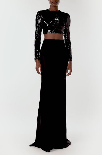 Monique Lhuillier long sleeve black sequin cropped top.