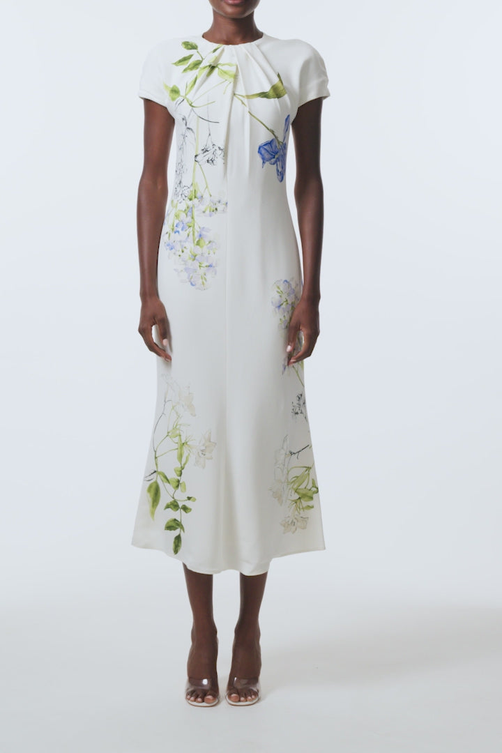 Monique Lhuillier Spring 2026 Ivory/Multi Iris Bouquet Printed Crepe Draped neckline cap sleeve dress - video.