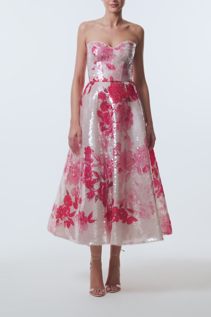 Monique Lhuillier Spring 2026 Rose Ombre Printed Sequin Pink/Multi Strapless sweetheart tea length cocktail dress - video