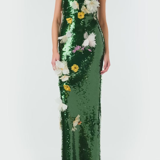 Monique Lhuillier Fall 2024 strapless, column gown in Juniper green sequins and floral embroidery - video.