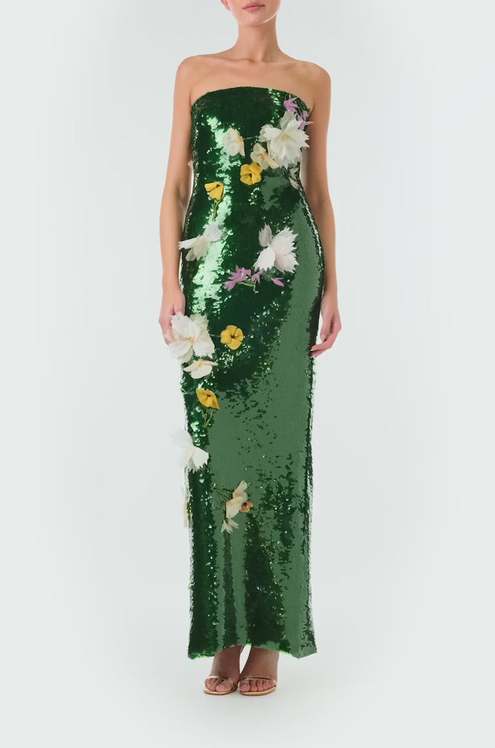 Monique Lhuillier Fall 2024 strapless, column gown in Juniper green sequins and floral embroidery - video.