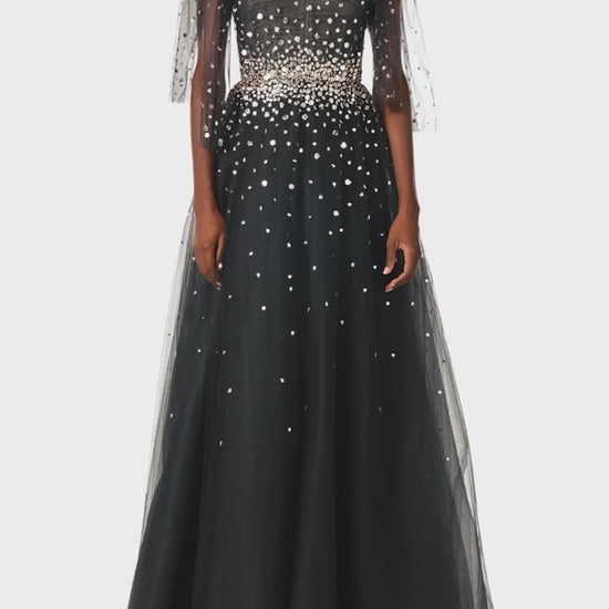 Monique Lhuillier Noir tulle ballgown with bow shoulder ties, V-neckline and gold embroidery - video.