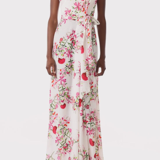 Monique Lhuillier One shoulder draped gown with self-tie belt and high front slit in Silk White Fuchsia floral printed crepe - video.