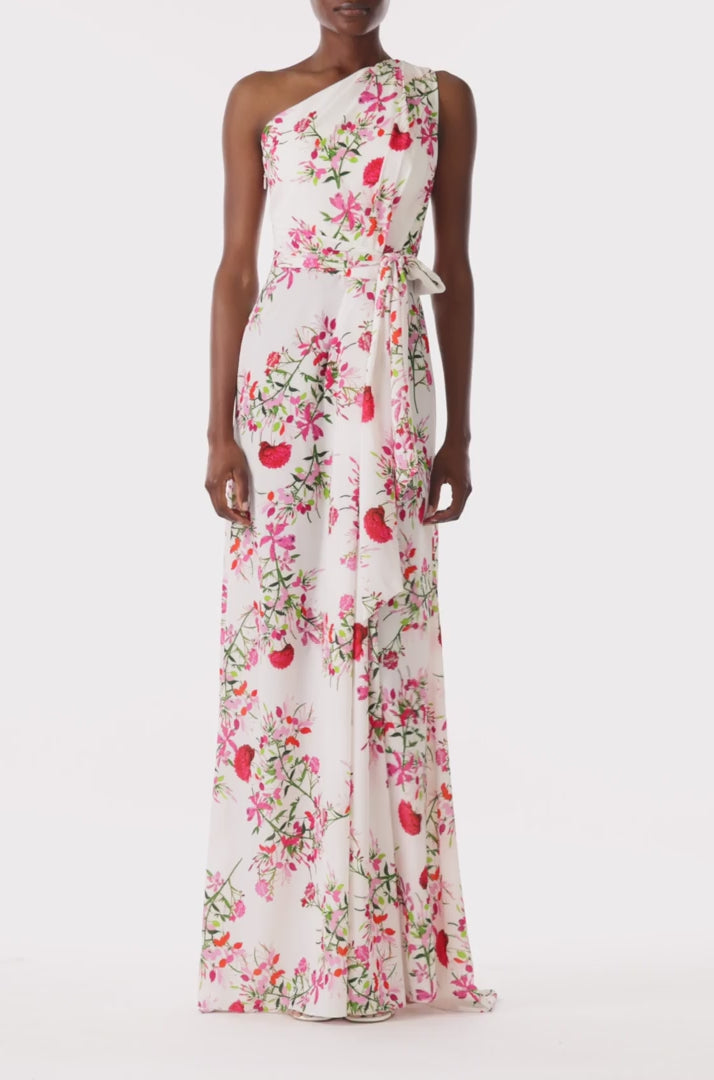 Monique Lhuillier One shoulder draped gown with self-tie belt and high front slit in Silk White Fuchsia floral printed crepe - video.