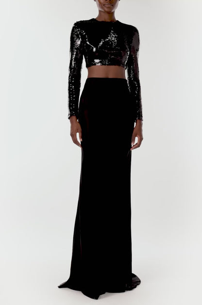 Monique Lhuillier black satin floor length evening skirt.