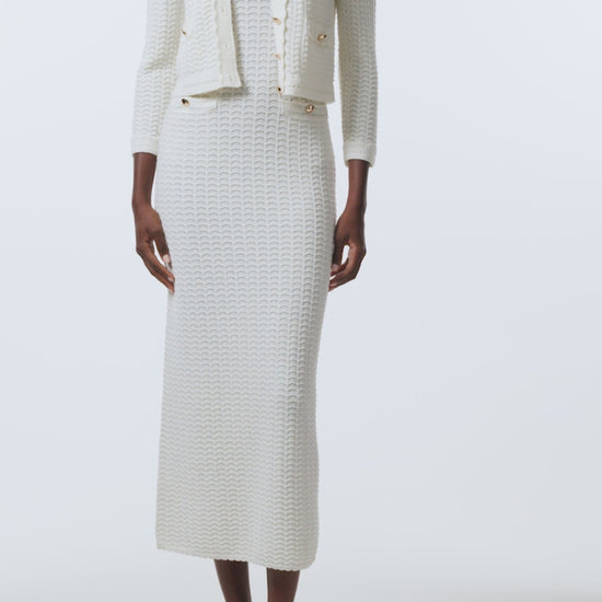 Monique Lhuillier Spring 2026 Ivory Cotton Viscose Knit Lace stitch cardigan with gold buttons with coordinating dress - video.