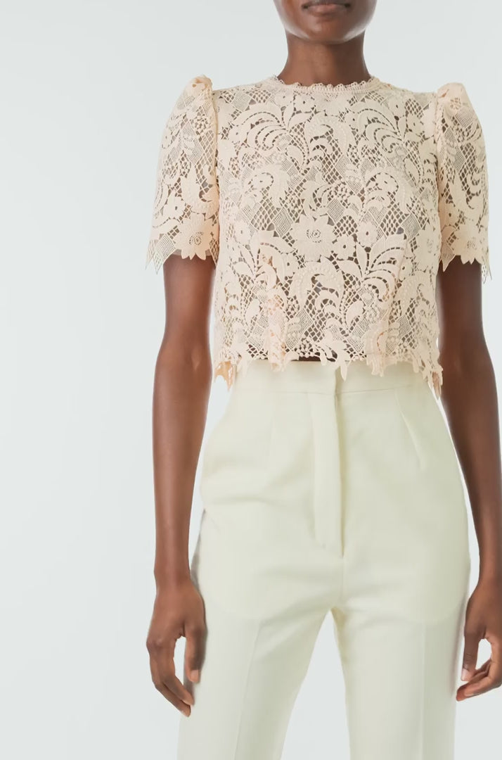 Monique Lhuillier Spring 2024 blush lace short sleeve, jewel neck lace top with sculpted shoulder and lace scallop detailing - video.