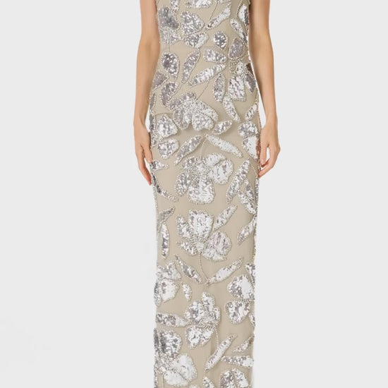 Monique Lhuillier Fall 2024 strapless column gown with silver embroidered tulle - video.