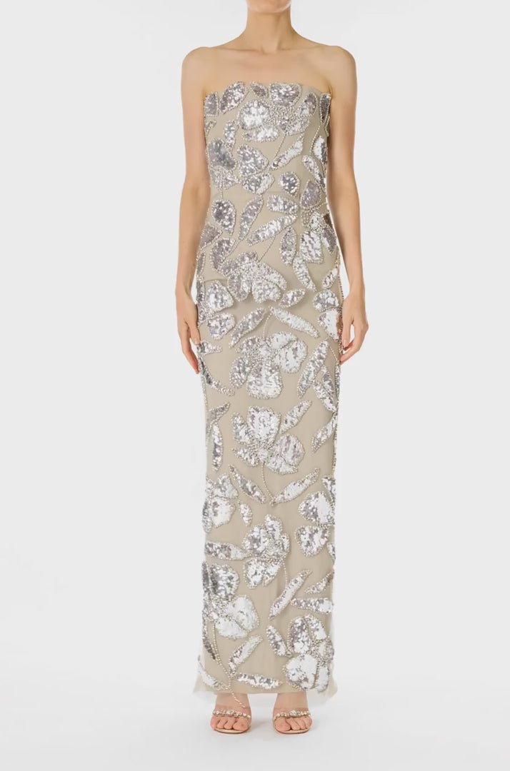 Monique Lhuillier Fall 2024 strapless column gown with silver embroidered tulle - video.