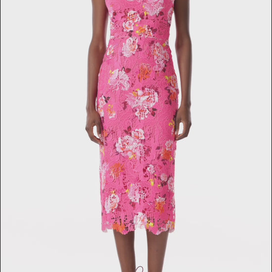 Monique Lhuillier fuchsia printed lace dress with v-neck and midi-length.