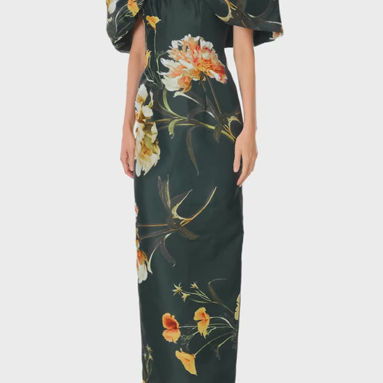 Monique Lhuillier Fall 2024 draped, off the shoulder column gown in Juniper Floral printed gazar - video.