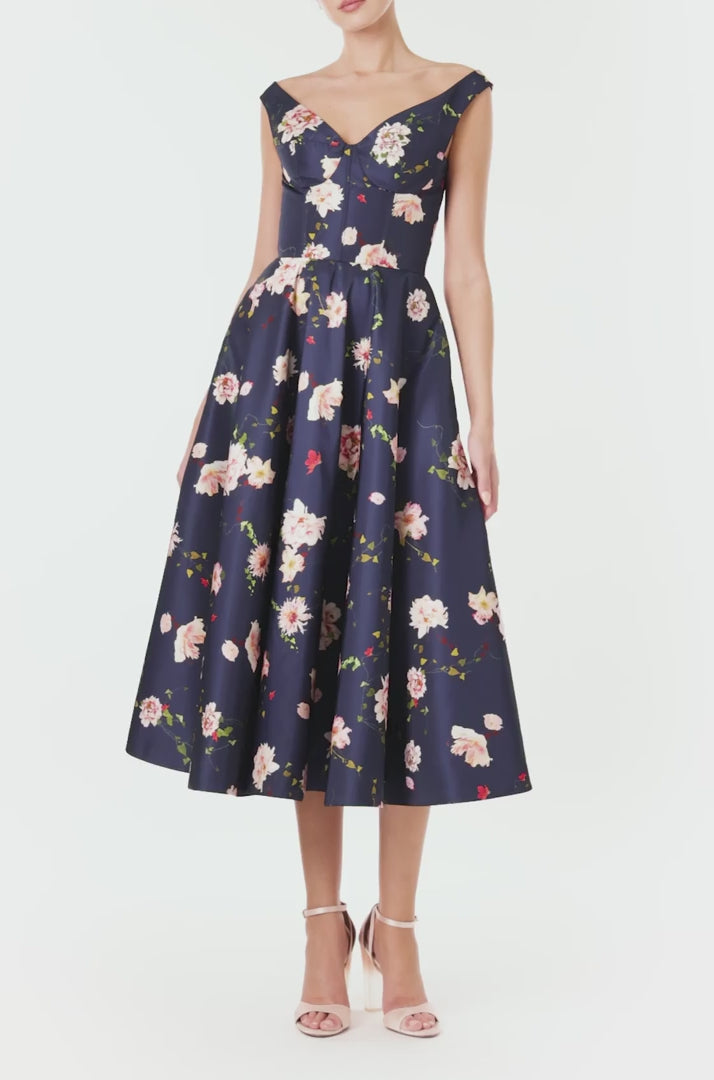 Monique Lhuillier Floral print Off Shoulder Fit Flare Dress