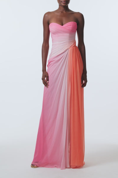 Monique Lhuillier Spring 2026 Plumeria Ombre Printed Chiffon Strapless asymmetric draped gown - video.