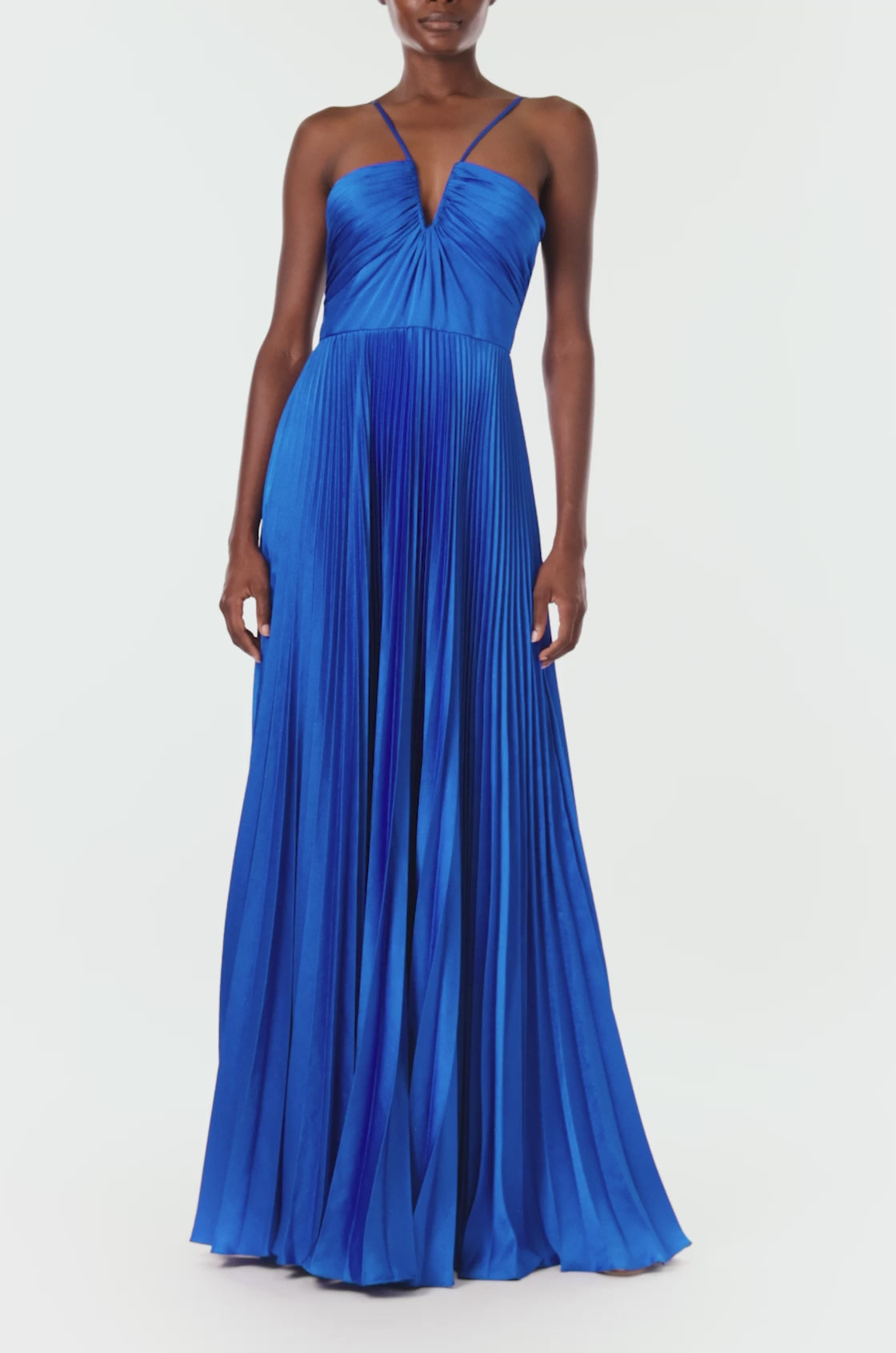 ML Monique Lhuillier cobalt blue satin long dress with halter neckline.
