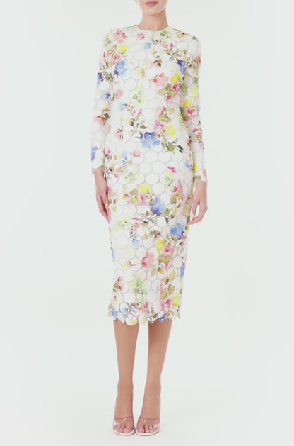 Monique Lhuillier Spring 2024 silk white floral printed circle lace, jewel neck long sleeve sheath with scallop edge at hem - video.