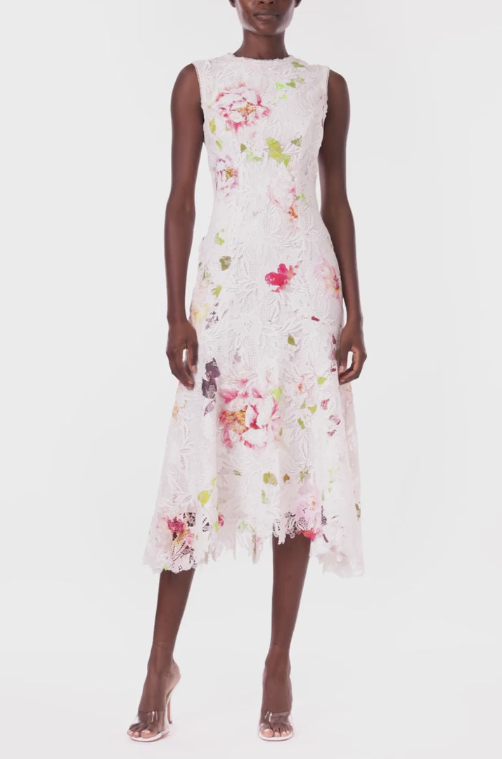 Monique Lhuillier midi dress in silk white lace with floral print.