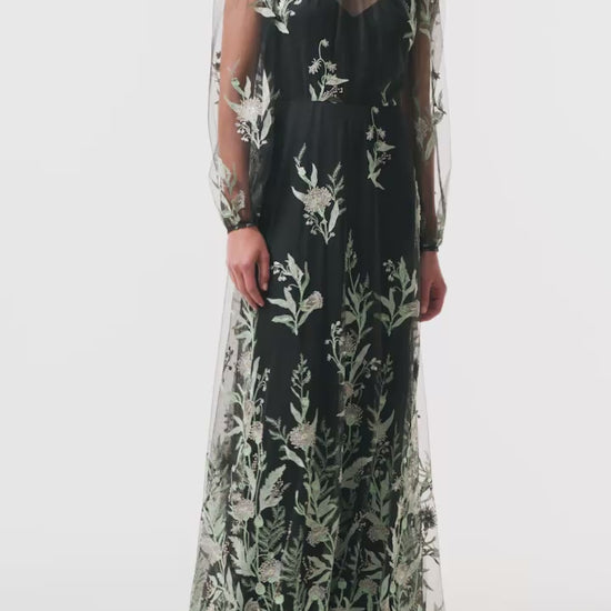 Monique Lhuillier Fall 2025 long sleeve gown with detached slip in noir & mist embroidered tulle - video.