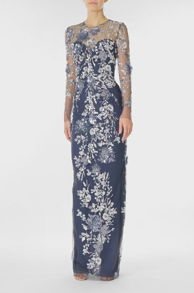 Monique Lhuillier Spring 2025 long sleeve, sequin tulle gown with illusion neckline and column skirt in navy multi colors - video.