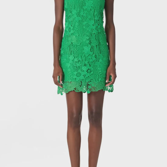 Monique Lhuillier Spring 2025 Sleeveless, shift dress with jewel neckline in Grass green lace - video.