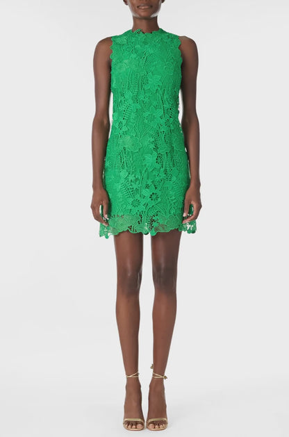 Monique Lhuillier Spring 2025 Sleeveless, shift dress with jewel neckline in Grass green lace - video.