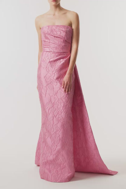 Monique Lhuillier Fall 2026 Sweetpea Jacquard strapless draped gown with train  - video.