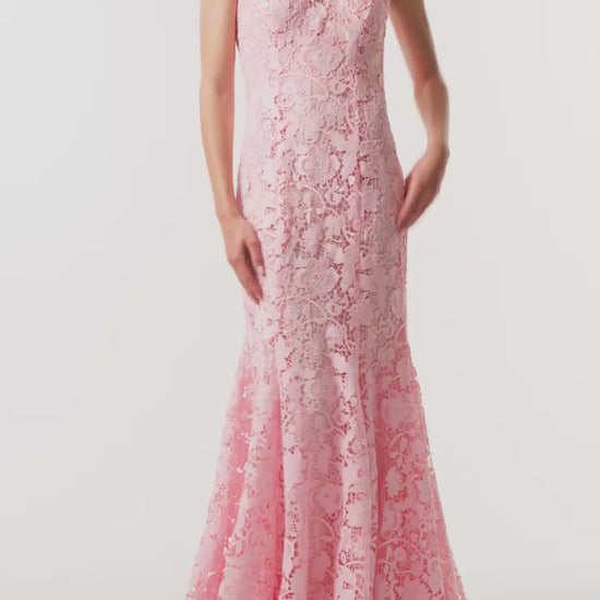 Monique Lhuillier Spring 2025 Carnation floral lace gown with halter neck, trumpet skirt and lace scalloped edging - video.