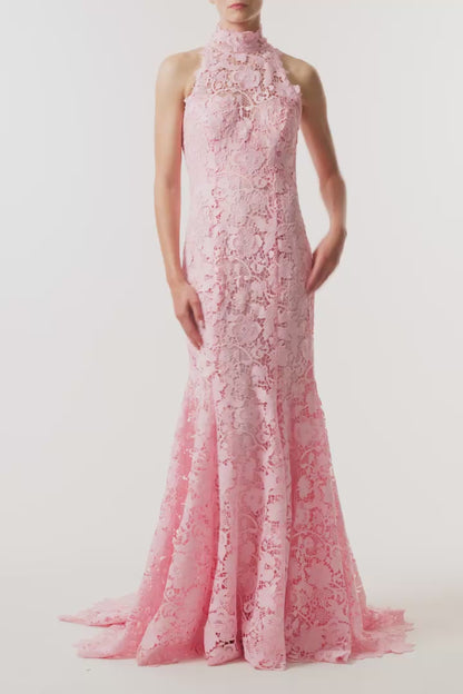 Monique Lhuillier Spring 2025 Carnation floral lace gown with halter neck, trumpet skirt and lace scalloped edging - video.