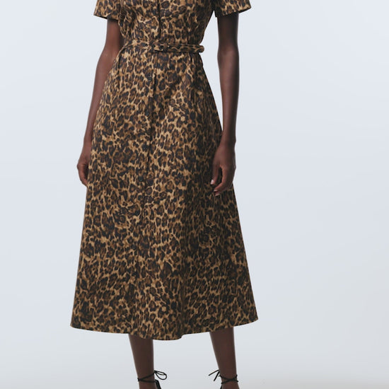 Monique Lhuillier Spring 2026 Leopard Printed Cotton Poplin short sleeve shirt
dress with belt -  video.
