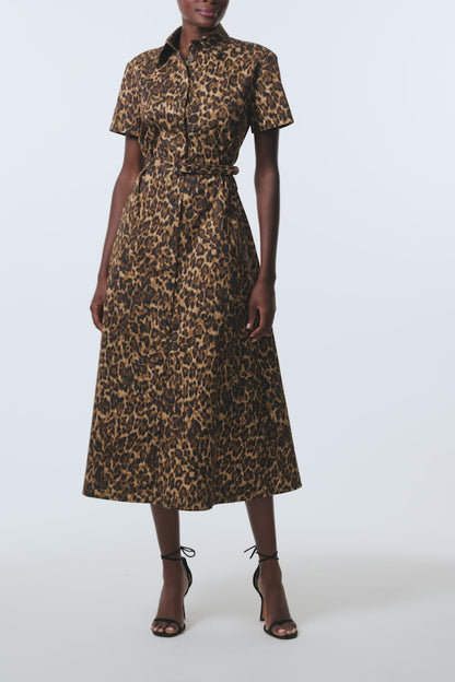 Monique Lhuillier Spring 2026 Leopard Printed Cotton Poplin short sleeve shirt
dress with belt -  video.