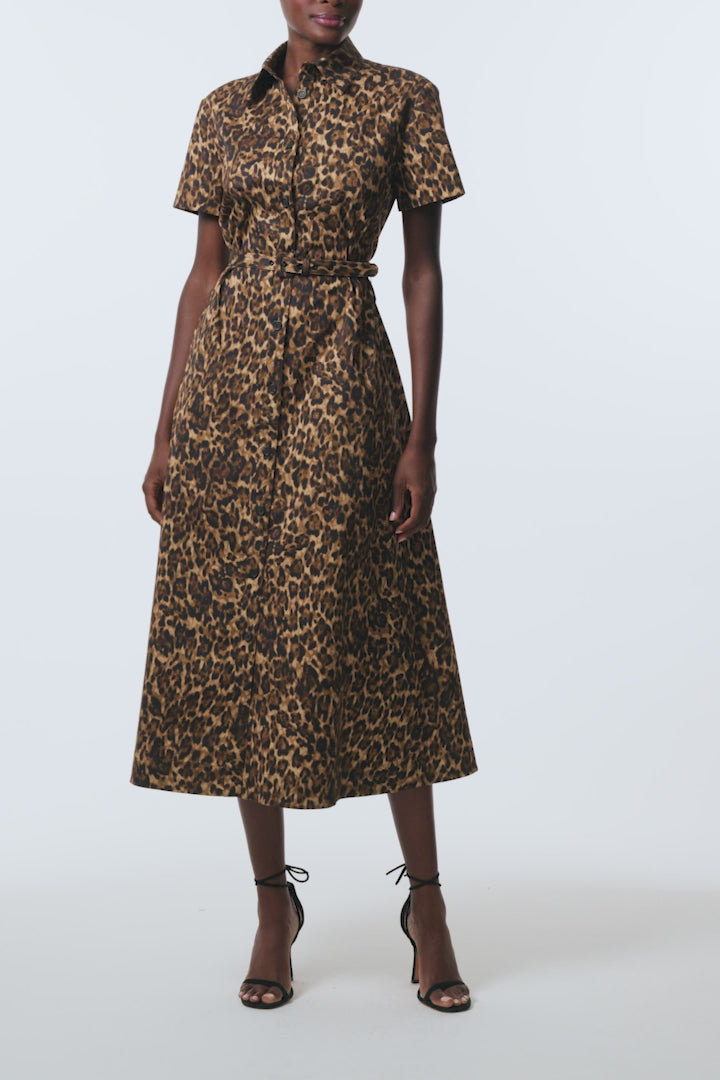 Monique Lhuillier Spring 2026 Leopard Printed Cotton Poplin short sleeve shirt
dress with belt -  video.