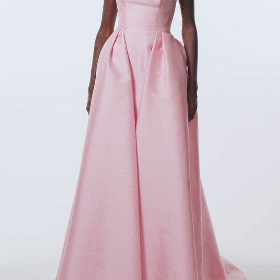 Monique Lhuillier Spring 2026 Carnation Mikado Strapless ball gown with pleated skirt - video.