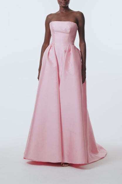 Monique Lhuillier Spring 2026 Carnation Mikado Strapless ball gown with pleated skirt - video.