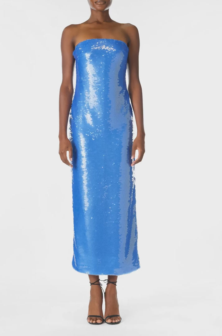 Monique Lhuillier Fall. 2024 strapless, midi-length column dress in Sky Blue sequins - video.