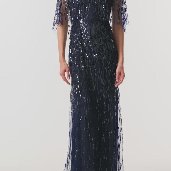 Monique Lhuillier Fall 2026 Navy and Sequin embroidered tulle Embroidered Gown with Capelet - video.