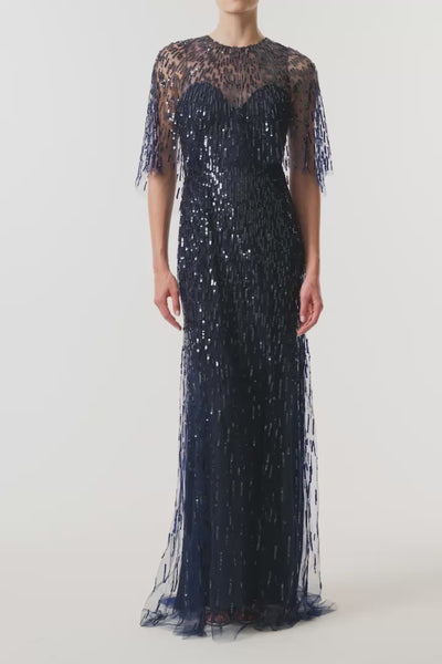 Monique Lhuillier Fall 2026 Navy and Sequin embroidered tulle Embroidered Gown with Capelet - video.