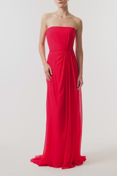 Monique Lhuillier Fall 2026 Siren red Chiffon strapless draped bodice gown  - video.